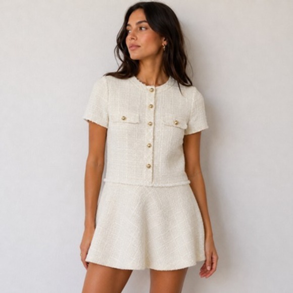 Zara Dresses & Skirts - Zara Old Money Dress Womens Small Tweed Check Fit Flare Short Sleeve Mini Office
